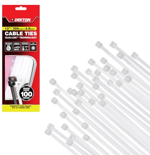 Dekton 100PC Cable Tie Set - 4.8MM X 380MM White | Heavy Duty Industrial Strength | High Temperature Resistant | Self-Locking Teeth | Ideal for Cables, Piping, Gardening & Wires | Indoor & Outdoor Use
