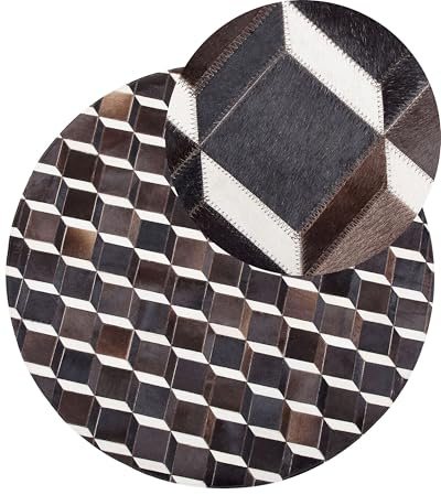 Beliani Moderner Leder-Teppich Braun mit 3D-Muster Rund 140 cm Alpkoy
