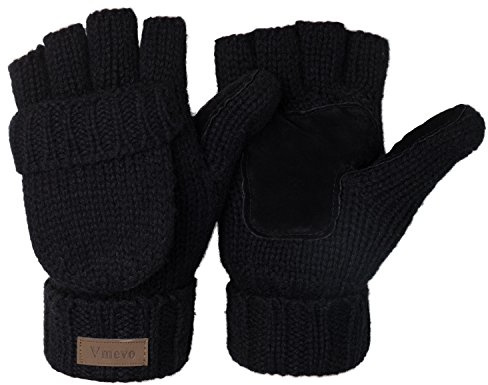 ViGrace Winter-Handschuhe, gestrickt, wandelbar, fingerlos, Woll-Fäustlinge, warmer Handschuh für Damen und Herren, Schwarz, Medium