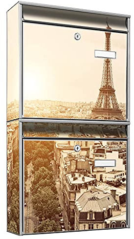 banjado Briefkastenanlage 2 Fach - 2 Briefkästen 36x64x10cm groß - Doppelbriefkasten Set - Namensschild, 2 Schlüssel, Montagematerial - Stahl verzinkt Silber - Motiv Paris