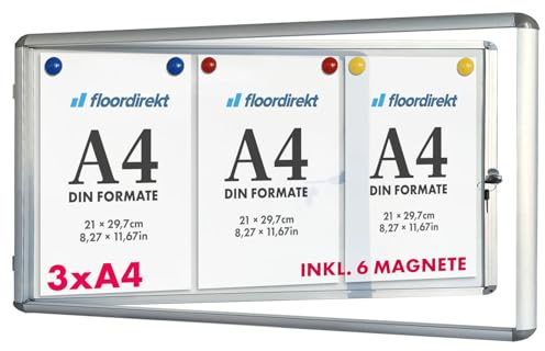 Floordirekt Floodirekt Schaukasten Wand 3 x DIN A4 Plakatschaukasten mit Alurahmen & Acrylglas inkl. Magnete Infokasten Aushang Aushangkasten Magnetische & beschreibbare Rückwand