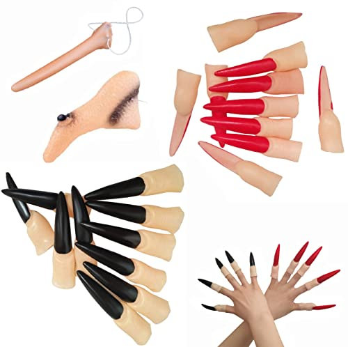 Ancuioyz 12-teiliges Set Halloween Hexenfinger，aus Zombie-Vampirnägeln, Hexennase, falscher Nase, Marionetten-Langnase, Pinocchio-Kostüm-Cosplay-Partyzubehör