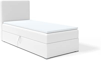 FEDVE Boxspringbett 90x200 cm Weiß Öko-Leder - Kolorado – Dauerhaft Bett mit Bettkasten Rechts – Praktisches Einzelbett für Viele Jahr – Kopfteil Bett mit Stauraum zum Schlafzimmer