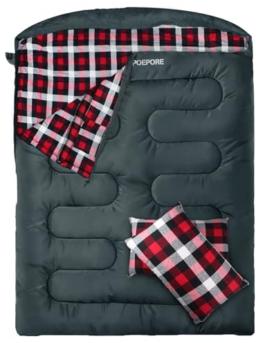POEPORE Saco de Dormir Doble de Franela para Adultos 0℃ 3-4 Estaciones Saco de Dormir 2 Personas Portátil con 2 Almohadas y Bolsa de Transporte para Acampar Senderismo Viajes 233 * 157 CM