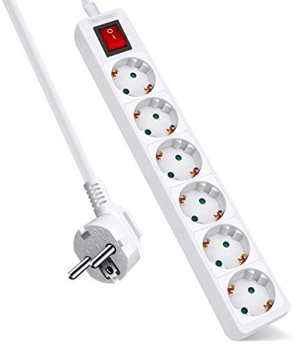 EXTRASTAR Regleta con 6 Enchufes e Interruptor, Cable 1.5M, 6 Tomas Regleta para el hogar, Oficina y Viajes, MAX 3680W, 16A, 250V, Blanco, 1pc