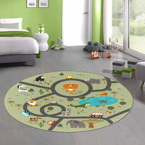 CARPETIA Kinderteppich Rund Safari Tiere Straßen Grün Ø 200 cm | Rutschfest, pflegeleicht, strapazierfähig, schadstofffrei und saugrobotergeeignet, OEKO-TEX geprüft, für Fußbodenheizung