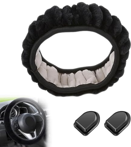Lenkradbezug Plüsch, Lenkradbezug Winter, Warme Lenkradabdeckung, Universal Plüsch Lenkradhülle, Plüsch Atmungsaktiv Lenkradschutz, Weich Bequem Steering Lenkradschoner, mit 2 Mini Auto Haken, Schwarz