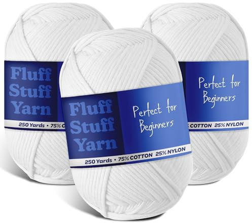 Soft Yarn – Crochet & Knitting Yarn, Beginner Yarn with Easy-to-See Stitches, 3 Pack of 250 Yds Amigurumi Yarn, Cotton-Nylon Blend Tshirt Yarn, Worsted Weight Yarn 4, White Yarn