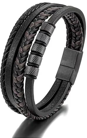 JSNOM Armband Herren Lederarmband Geschenke: Geflochten Leder Weihnachten Vatertag Valentinstag Geburtstagsgeschenk Liebesgeschenke Schmuck Geschenk für Freund Ehemann Papa Männer (21CM, Schwarz)