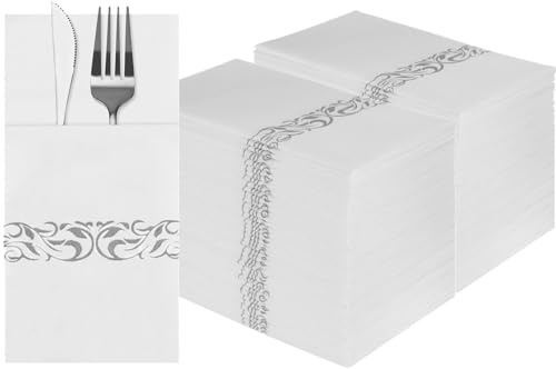 DADAWU Lot de 100 Serviettes de Table jetables Blanches au Toucher Lin avec Poche intégrée pour Couverts - Serviettes en Papier argenté pour fête, Mariage
