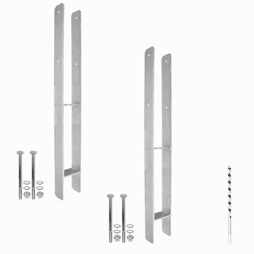1 Set bestehend aus 2 H-Pfostenträger feuerverzinkt, extra lang, 6 mm / 800 mm für 90 mm Pfosten, inkl. Befestigungsset und Schlangenbohrer