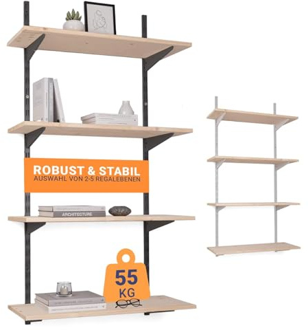 BOOMET Wandregal Metall mit Boden · Regal in 50 Varianten · Höhe: 100 cm · 4 Ebenen in 80 x 30 cm (B x T) · Farbe: Anthrazit · Wandschienen Regalsystem · Regalträger Schienensystem