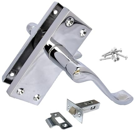 Epsom Door Handle Victorian Scroll Lever Handle on Backplate – 118mm x 42mm Plate, 98mm Lever – Polished Chrome Door Handle – Pack of 1– with 63mm Tubular Latch