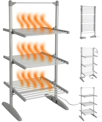 menglanchang 3 Capas Tendedero De Ropa EléCtrico Plegable CalefaccióN | Tendedero De Ropa EléCtrico Pie 300W | Estantes Secos De CalefaccióN Ahorros EnergíA para El Hogar,Capacidad Carga 30 Kg,Silver