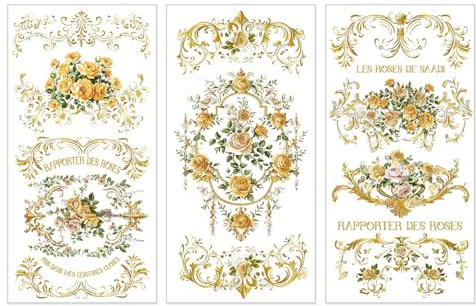 PLIGREAT 3 Blätter Gold Muster Reiben auf Transfer für Kunsthandwerk Vintage Rose Reiben auf Transfer Aufkleber Wunderschöne Möbel Aufkleber für DIY Holz Schublade Schrank Tisch Dekor