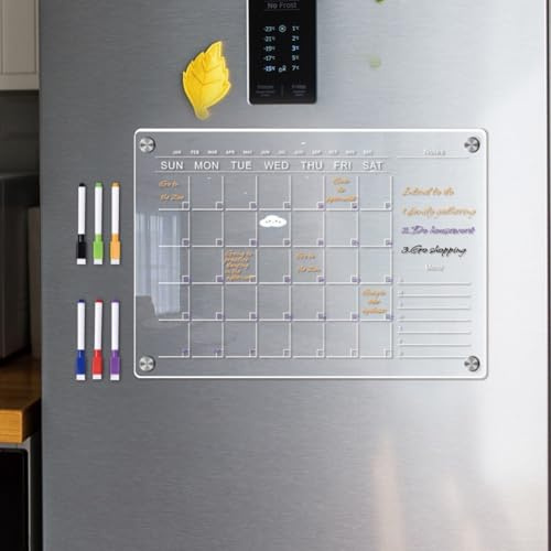 Magnetischer Acryl-Kalender für Kühlschrank, Monats- und Wochenkalender für Kühlschrank, magnetisches Whiteboard aus transparentem Acryl, wiederverwendbarer Kalender mit 6 Stiften