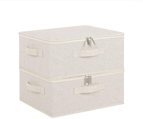 ENUMAIL 2er Scatole Sotto Letto Cubo di Stoccaggio in Tessuto con Coperchio, Contenitori per Armadio Salvaspazio, Portaoggetti Pieghevole con Maniglia, Adatto per Riporre Vestit, 38×26×15cm, Beige