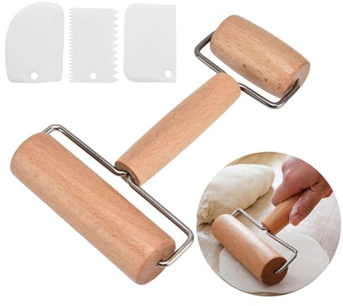 Nudelholz Teigroller aus Holz Kleine und Mittlere Teigrolle mit 2 Walzen und 3 Teigschaber Backzubehör Nudelholz für müheloses Ausrollen von Teigen mit der Hand Pizza, Desserts und Knödelhäuten