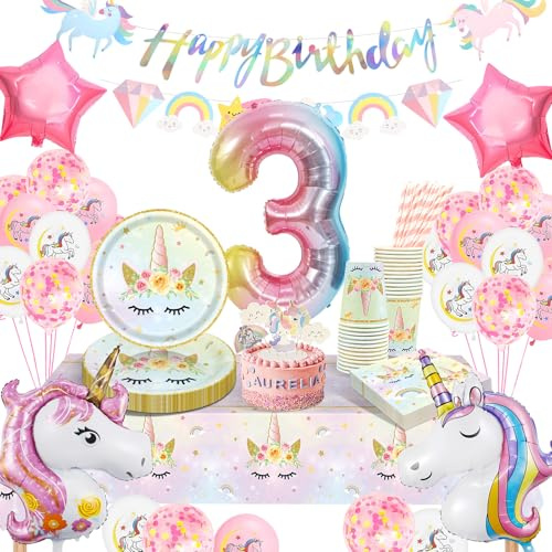 yosiio Unicorn Party Tableware, Unicorn 3th Birthday Decoration Set | Children's Birthday Party Paper Plate Set With Balloons for Girls 3 Years Party Supplies