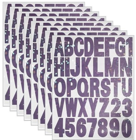 Glitzer-Alphabet- und Zahlen-Aufkleber, selbstklebend, Vinyl, Briefkasten-Aufkleber, Zahlen, wasserdicht, Buchstaben-Aufkleber, selbstklebende Zahlen-Aufkleber für Autos, LKWs, Fenster, Lila, 8 Bögen