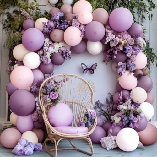 Purple Pink Balloon Arch Kit, Double Stuffed Pastel Pink Lavender White Beige Balloon Garland Dusty Light Lilac Cream Balloons for Birthday Baby Shower Wedding Butterfly Flower Mothers Day Party Decor