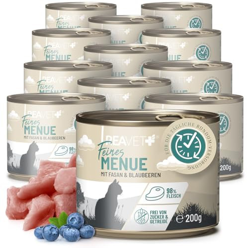 ReaVET Premium Katzenfutter nass mit Fasan & Blaubeeren 12 x 200g I Getreidefrei aus hochwertigem Fleisch I Katzennassfutter ohne Zucker, Nassfutter für ausgewachsene Katzen