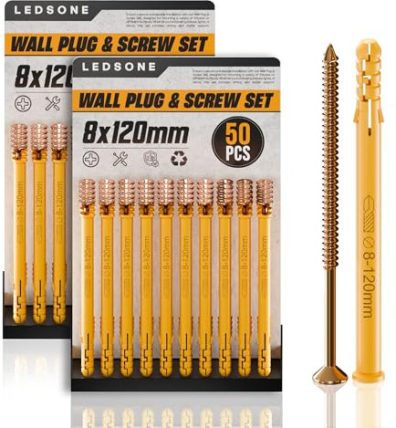 8 x 120mm 50Pcs x 2Pack Screws And Wall Plugs Set, Anchor Bolts Assorted,Heavy Duty Rawlplug Mixed Sizes Assortment(M5/6/8/10),Fasteners For Brick,Masonry,Plasterboard Fixings,Tv Bracket,Plaster