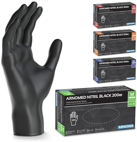 ARNOMED Guantes nitrilo negros talla M, 1000 unidades (5 cajas con 200 uds.), guantes nitrilo talla S, M, L, XL, guantes desechables, guante nitrilo desechable sin polvo, guantes de goma sin látex