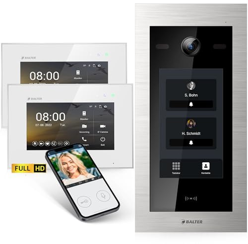 Balter EVO-HD Video Türsprechanlage mit Touchscreen Türstation, Video Türklingel, Smartphone App, 2 Familienhaus, 2X 7 Monitore, Türklingel mit Kamera Full HD, 2 Draht Bus, 175° Weitwinkel, RFID