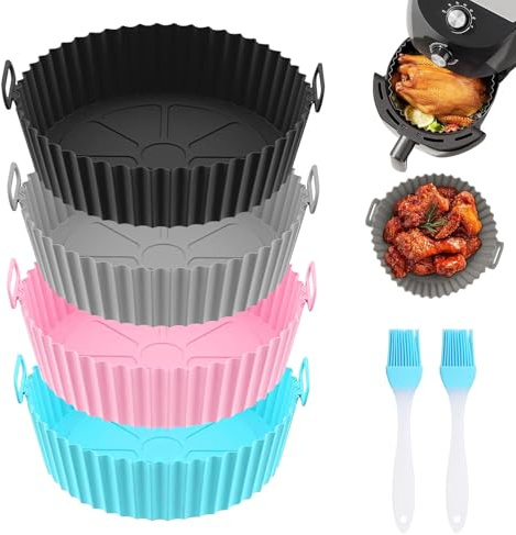 4 Piezas Moldes Silicona Freidora de Aire 20x17x5cm Bandeja Accesorios | para Freidora con 2 Cepillos, Reutilizable Redondo Utensilios Cesta para Air Fryer, Microondas, Horno
