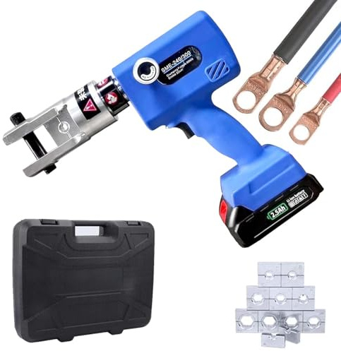 QFGain Pinza Crimpatrice Idraulica Elettrica per Capicorda 4-300 Mm², Batteria Ad Alta capacità, Testa Girevole A 360°, Kit di Crimpatura per Terminali Elettrici in Alluminio E Fibra, con Matrici,240