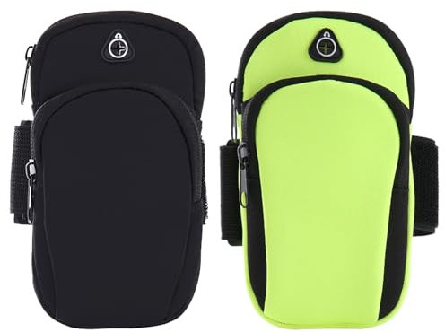 DAVBNM 2 Pack Running Armband Phone Holder, Mobile Phone Armband Arm Bag, Sports Armbands with Headphone and Two Pockets for Jogging, Cycling, Gym, Fitness, Compatible for Cellphone Up to 6.7