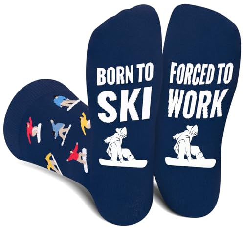 Funny Ski Socks for Men Women Teenage Boys - BORN TO SKI FORCED TO WORK Crazy Silly Novelty Funky Snowboard Socks for Skiers - Skiing Accessories Birthday Fathers Fun Gift Christmas Stocking Stuffers
