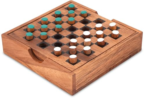 LOGOPLAY Dame - Checkers - Strategiespiel - Denkspiel - Brettspiel aus Holz mit grün/weißen Steckern