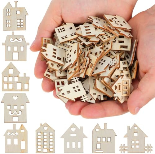 Angoily 100 Stück Haus Holzscheiben Unlackierte Leere Holzchips für Kindergarten Kinder DIY Malen und Basteln Kreative Holzdekoration