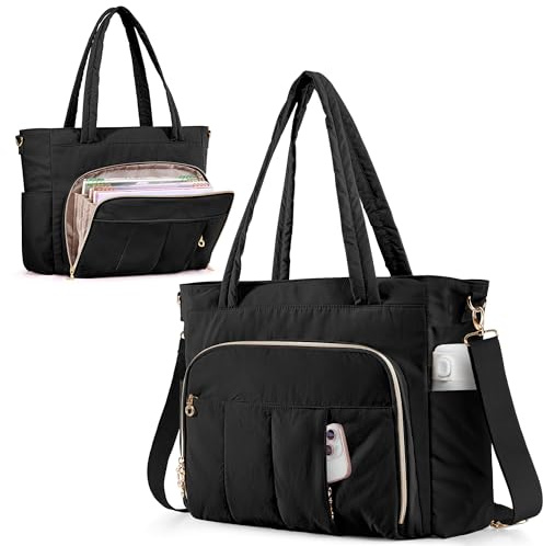 Marscamd Teacher Bag for Women with Accordion File Pockets & Crossbody Strap, Puffer Tote for Work with 15.6 Laptop Compartment, Black