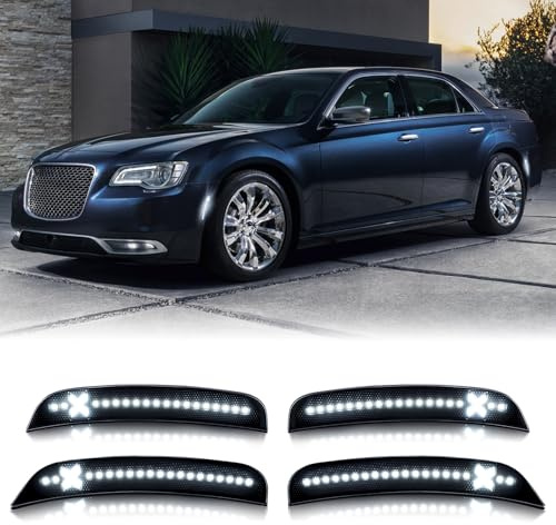 Bestview 4PCS Side Marker Lights for 2015-2021 Chrysler 300: X-style LED White Front&Rear Bumper Lights, Smoked Lens Fender Sidemarker Lamps, Waterproof Corner Parking Light Kit