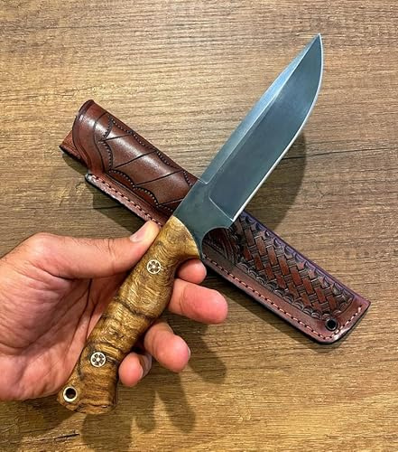 TATLA CRAFT Hunting Knife 1075 Carbon Steel and Olive Wood Handle - Blacksmith Made Camping Knives - Tactical Knife - Survival Knifes with Leather Sheath