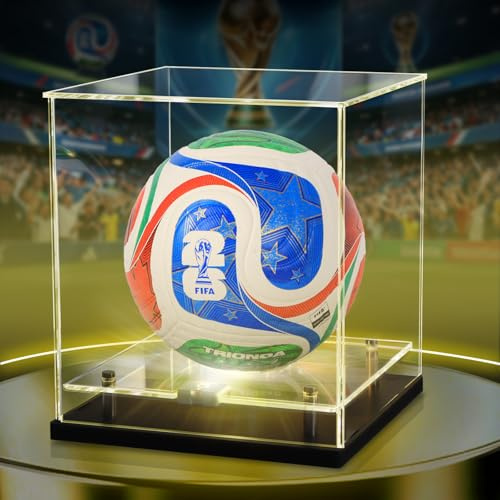 Naconmlet Vetrina per palloni da calcio, protezione UV, scatola in acrilico per misura 5, vetrina antipolvere con supporto in acciaio inox, decorazione a LED regalo