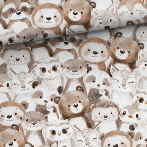 je 0,5m Tiere French Terry Stoff in Meterware - Kinderstoffe mit Fuchs Bär Igel Biber Eule Vogel - Stoffe für Kinder & Baby zum Nähen - Mädchen & Jungen Sommersweat mit Waldtiere - Waldglück