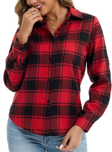 Famrrifuu Donna Classico Bluse e Camicie Quadri Flanella Camicetta Manica Lunga Casual Cotone Shirts Vintage, Rosso Nero, M