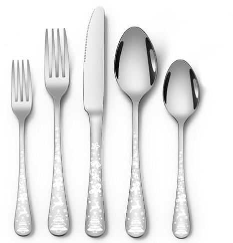 20-teiliges Weihnachtsbesteck Set für 4,Edelstahl Besteck Set,Schneeflocken Weihnachtsbaum Elch Muster Design,Geschirr Geschirr für Küche Restaurant, spülmaschinenfest (Silber)