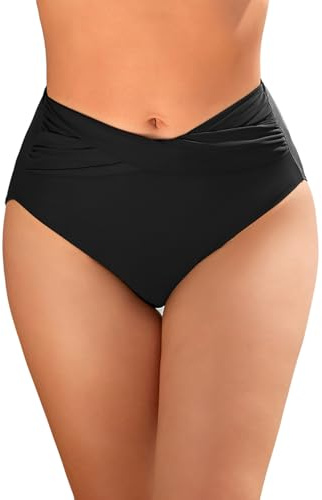 Vijamiy Bas de Maillot de Bain Femme Taille Haute Bas de Bikinis Front Torsadé Bikini Bottom(Noir,L)