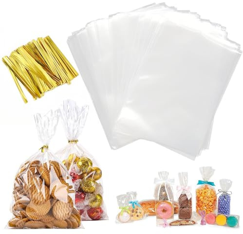 Bmeigo Clear Cellophane Bags 100pcs/5x7inch Food Grade Bags with Twist Ties | 13 x 18cm, Treat Bag Flat Sweet Cookie Bags for Bakery Candy Packaging, Christmas Halloween Birthday Wedding Gifts Wrapping