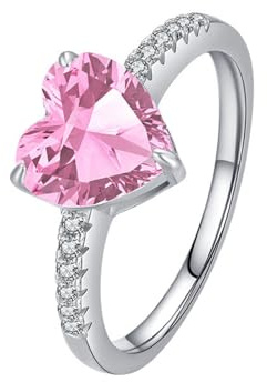 Mesnt Anelli in Oro Bianco, Donna Oro Bianco Delicato Anello di Fidanzamento con Zaffiro Rosa Creato in Laboratorio a Forma di Cuore da 8 mm