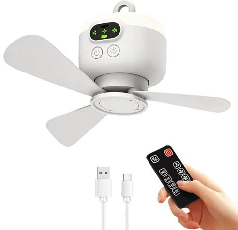 PORFOYO Ventilatore a Soffitto con Illuminazione Campeggio Ventilatore da Campeggio con Luce, Batteria incorporata 8000 mAh 3 Velocità Ricaricabile USB Ventilatore da Campeggio per Pesca,