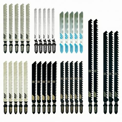 Stichsägeblätter Set 35pcs T Schaft, Stichsägeblätter Sortiment für Holz Metall Kunststoff, Sägeblätter Stichsäge mit Aufbewahrungskoffer, Zubehör für Gerade und Kurvenschnitte