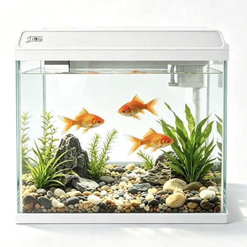16L Glass Fish Tank with Filter and LED Light, Desktop Aquarium Kit(White)
