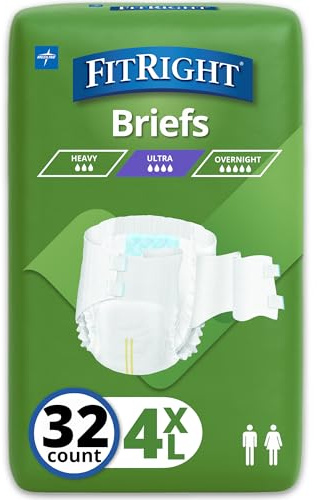 Medline FitRight Incontinence Diapers, Specialty Size Adult Diapers, For Men And Women, Maximum Protection, Waist Size 65–94, 4XL, 8 briefs per bag, 32 briefs per case