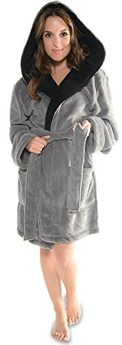CelinaTex XS-XXXL Bademantel Kapuze zweifarbig kurz aufgesetzte Taschen Damen Mikrofaser Kuschelfleece OEKO-TEX Miami